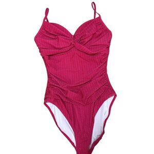 Simply Swim Slimming Women's Pink Chevron V-Neck One-Piece Swimsuit Size 14